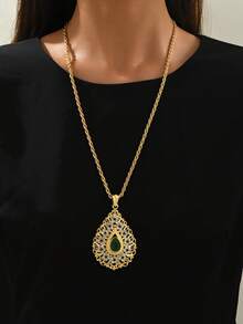 1pc Women's Gold Plated Hollow Pattern Necklace, Gold Bride Pendant Sweater Chain, Algerian Traditional Jewelry, Holiday Gift Valentine's Day Accessories - One Size - View 10