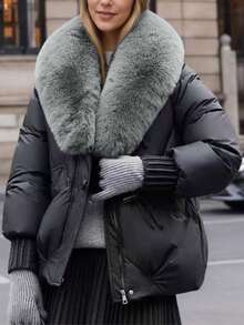 2025 New Thick Padded Coat With Fur Collar, Fashionable Padded Short Coat, Slim Fit Winter Outerwear - Black - View 3