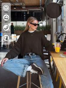Korean Style Casual Loose Solid Color Round Neck Long Sleeve Versatile Daily Knit Sweater - Chocolate Brown - View 7