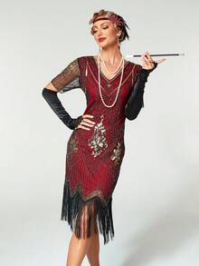 20 世纪 20 年代复古风 V 领流苏连衣裙，万圣节、圣诞节复古派对服装 - 酒紅色 - 查看 1