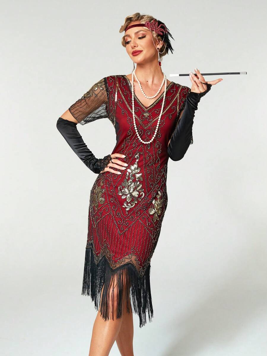 20 世纪 20 年代复古风 V 领流苏连衣裙，万圣节、圣诞节复古派对服装 - 酒紅色 - 查看 1