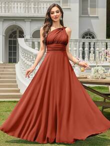 Volly Toych Auburn A-Line One Shoulder Keyhole Ruched Chiffon Elegant Maxi Formal Bridesmaid Dress, Wedding Guest Summer - 鏽棕色 - 查看 5