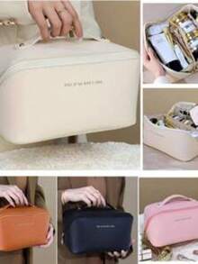 1 Stück PU-Leder Reise Make-up Tasche, großer wasserdichter Kosmetik Organizer mit hoher Kapazität, tragbare Handtasche für Hautpflege & Kosmetik, geeignet für Reisen, Universität, Strand, Schule, Badezimmer, Feiertage, Valentinstag, Muttertag, Weihnachten, Erntedankfest - Aprikosenfarben - Übersicht 3