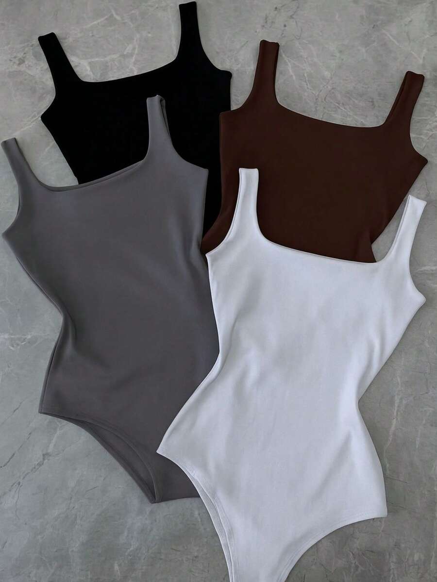 Kit 4 Bory Bodi Leotard Tank Top Thick Strap Casual Second Skin Fashion Women's Female P M G GG - đen/xám/nâu/trắng - Xem 1