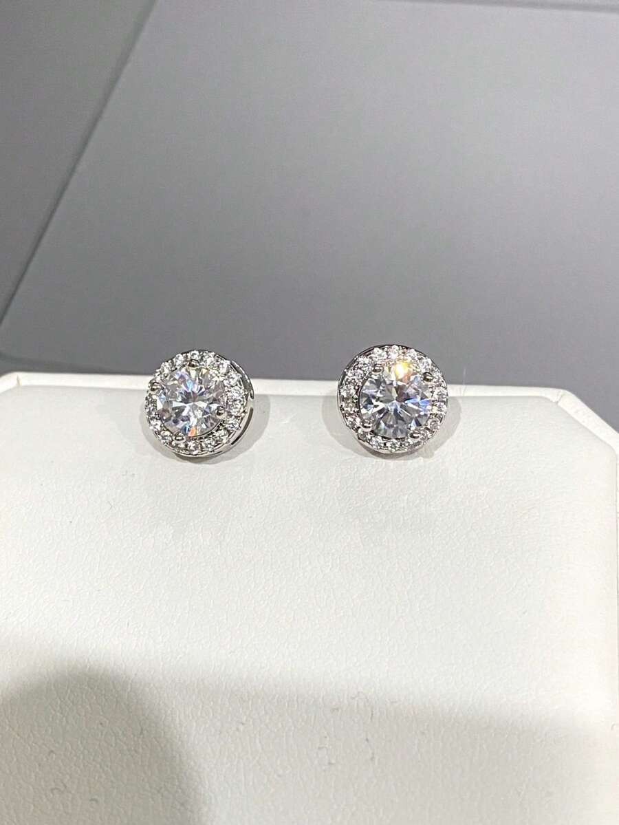 1 对闪亮方晶锆石耳钉，经典全密镶圆形锆石耳环，时尚珠宝配饰，圣诞礼物 - 耳環 - 查看 1