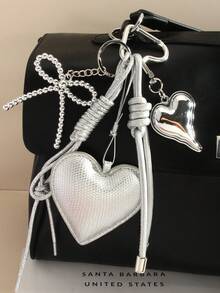 Series Original High-Quality Silver PU Heart Bow Braided Rope Bag Charm Keychain, Versatile Accessory Suitable For Women's Daily Wear