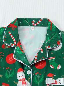 Bộ đồ ngủ satin 2 món, áo ve áo tay ngắn in hình người tuyết và quần short nơ, đồ ngủ nữ mặc ở nhà, Giáng sinh - màu xanh lá - Xem 3
