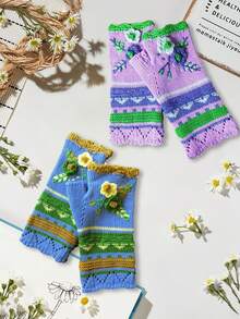 Luvas femininas de tricô bordado com gancho pequeno e flor quente, luvas de fio jacquard feitas à mão