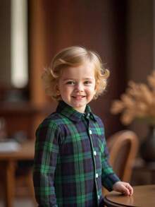 男婴时尚户外运动休闲格子长袖衬衫，可爱蓝绿色，春/秋