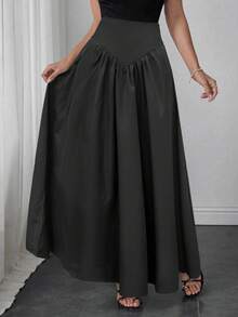 Elegant Women's A-Line Skirt, Suitable For Dates, Student Wear, Daily Travel, Versatile, Casual, Beach And Other Occasions. Elegant And Casual Women's A-Line Skirt, Solid Color, Waist-Shaping, Pleated Design, Woven Fabric, Available In Multiple Colors, Suitable For Outings And Can Also Be Worn As Loungewear. - Black - View 5