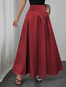 Falda evasé elegante para mujer, adecuada para citas, uso estudiantil, viajes diarios, versátil, casual, playa y otras ocasiones. Falda evasé elegante y casual para mujer, de unicolor, con diseño de cintura entallada y plisado, de tela tejida, disponible en varios colores, apta para salidas y también se puede usar como ropa de estar en casa. - Rojo - Ver 7