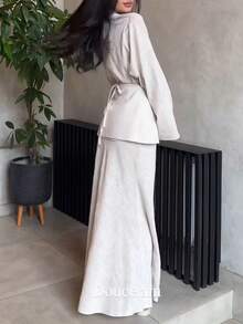 3pcs Women's Unique Collar Single-Breasted Solid Color Shirt Top, Casual Solid Color Button Skirt Set