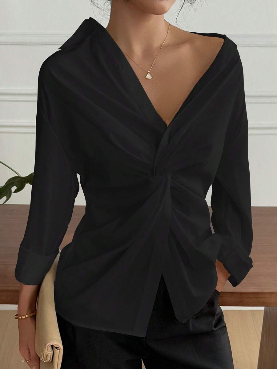 Women Solid Color Drop Shoulder Long Sleeve Twist Front Shirt - Black - View 1