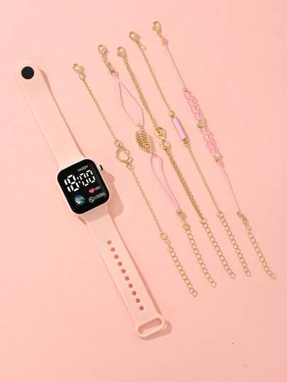 6-Piece Girl's Watch - Square LED Heart-Shaped Digital Display Children's Watch, Classic Wristband Clock, Affordable School Season Watch, Suitable For Students, Fashionable School Supplies, Electronic Watch & Pink Leaf Bracelet. Children's Accessory Suitable For Daily Life, School, Parties, Travel, And As A Birthday Gift For Friends. The Perfect Gift For Girls.