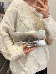 1 件时尚银色裂纹 PU 信封手拿包，适合女性日常、约会、晚会 - 銀色 - 查看 4