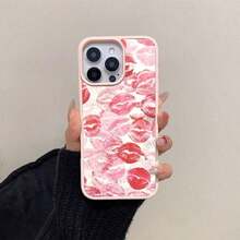 Personalized Phone Case Pink Red Lipstick Kisses Pattern Background Element Design Phone Case,Fits For IPhone 16/15/14/13/12/11/X Series,With Shockproof Protection,Good Gift Choice,Slim Fit Scratch Resistant, Artistic Designlong Sleeve Tops - 款式1(1pc) - 查看 2
