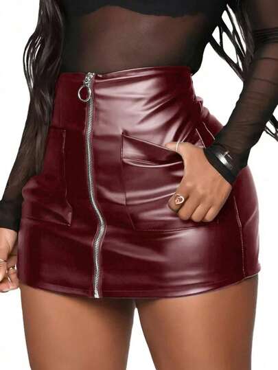 Women's Sexy Leather Zipper High Waist Mini Skirt, Suitable For Office Wear And Clubbing, Spring/Summer