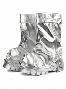 Women's Fold Over Slouchy Shark Boots Pleated Chunky Heel Mid Calf Versatile Platform Pull On Boots Silver Black Winter Fall Boots - Bạc - Xem 6