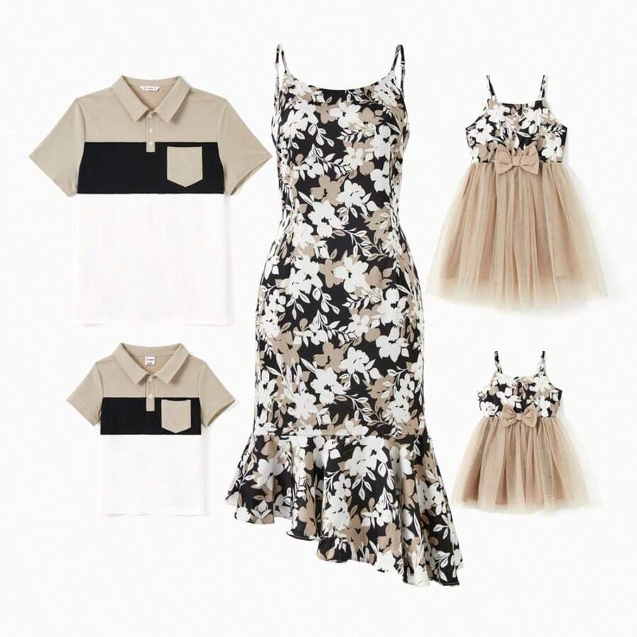 Family Matching Sets Color Block Shirt Or Floral Body-Con Asymmetrical Hem/Tulle Strap Dress - Apricot - View 1
