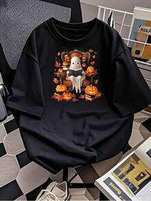 Camiseta con estampado de fantasmas de lectura otoñal para mujer. Bonito diseño espeluznante de temporada con calabazas y marrón. Una cómoda camiseta de algodón para amantes de la moda de Halloween y otoño. Talla extragrande. - Negro - Ver 2