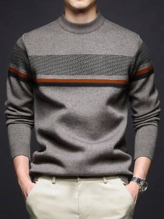 เสื้อสเวตเตอร์คอกลมหนาสำหรับผู้ชาย, เสื้อถัก Jacquard แขนยาวลำลองธุรกิจ, เสื้อเลเยอร์อเนกประสงค์, ลายสก๊อต & ลายทาง, ฤดูใบไม้ร่วง/ฤดูหนาว