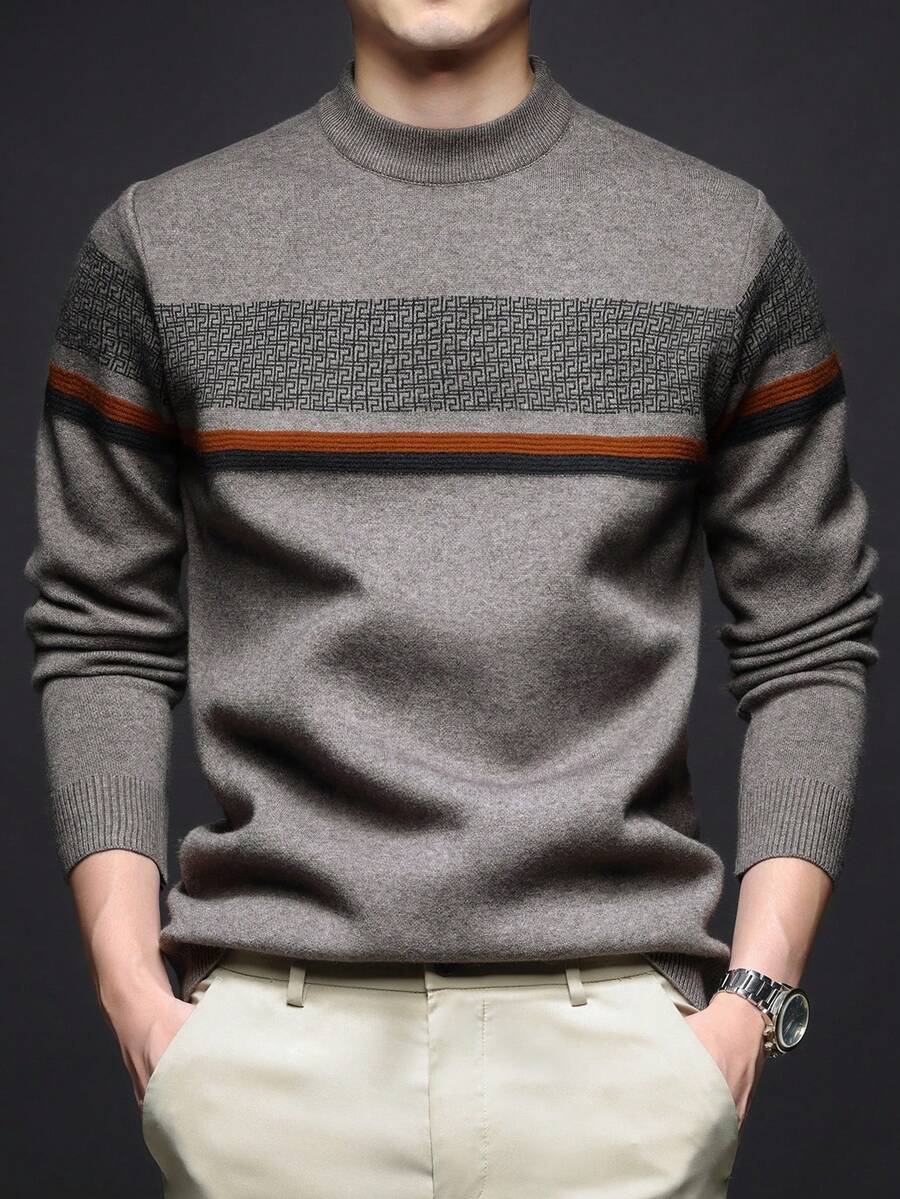 男士厚圆领毛衣，商务休闲提花针织长袖上衣，百搭叠穿单品，格子条纹图案，秋冬
