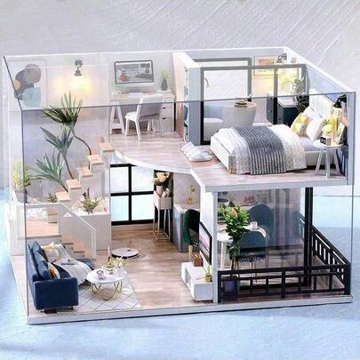 1件2026新款迷你公寓屋，带防尘罩，房间卧室装饰，含家具，DIY手工组装模型，木制工艺3D拼图玩具，生日/圣诞礼物 - 款式随机