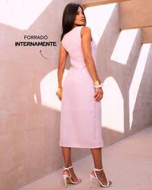 Classic Long Black Dress With Round Neck, Pockets And Elegant Slit Design - Rosa Pálido - Ver 3