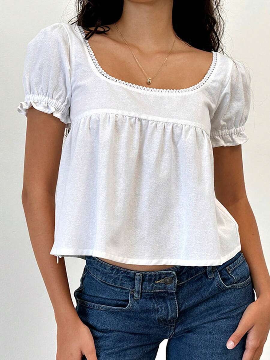 Women Y2k Fairy Grunge Tube Tops Solid Color Square Neck Ruffle Sleeve Babydoll Shirts Summer Fashion Casual Tops Streetwear - trắng - Xem 1