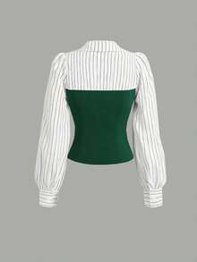 Conjunto de 2 piezas de mujer con rayas finas y parches, elegante y casual, con blusa de manga larga y pantalones, adecuado para la oficina y el hogar, primavera/verano/otoño