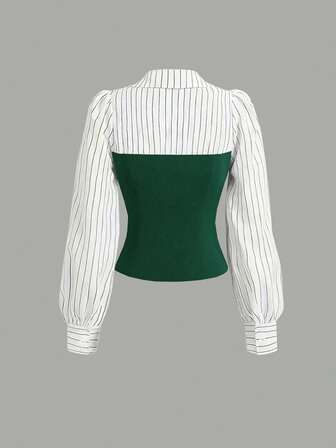 Damset med tunt randigt lapptäcke, elegant och avslappnad 2-delat set, långärmad topp och byxor, lämplig för kontor och hem, vår/sommar/höst