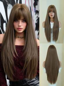 AKAKO Extra Long Layered Caramel Brown Wigs For Women - Fluffy Synthetic Wig With Bangs, Natural Looking Heat-Resistant Fiber Hairpiece, Dark Gothic Style Fashion Wigs For Daily Party Wear, Valentine's Day Music Festivals & Halloween Cosplay Use 32 Inch - Brown - View 2