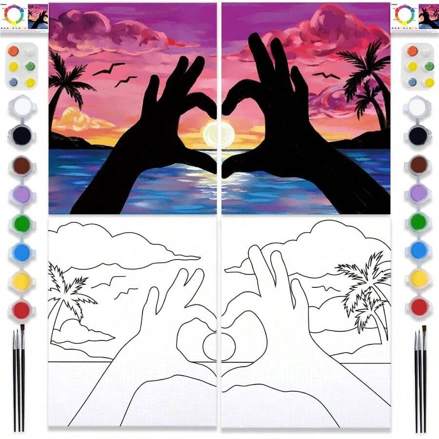 2 Pack Sip And Paint Kit Adults Couples Painting Kit Pre Drawn Canvas To Paint At Home Date Night Party Favor Supplies Art Painting Set Couples Activity Beach Lovers 8x10 Canvas Painting Kit - 基本繪畫工具包 - 查看 1