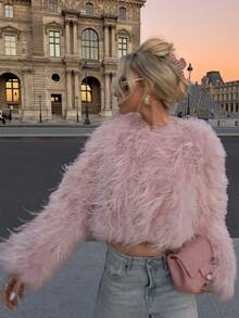 Buzzelle Doriss 精致圆领短款长毛外套，女士外出上衣，白色派对活动，婚礼季，情人节装扮，秋冬季 - 粉色 - 查看 5