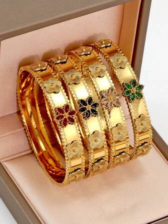 18K guldpläterat rostfritt stål blomarmband, bohemisk stil, inlagda färgglada kubiska zirkonia, lyxiga smycken för kvinnor, bröllopshandledssmyckeset, flickor, damer, mammor, släktingar, vänner, vackert bröllop, födelsedag, mors dag, flickvän alla hjärtans dag-present