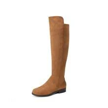 Women Reserve Tall Boots, Flat Low Heel Stretchy Knee High Boots Comfortable Round Toe Suede Slouch Side Zipper Fashionable Solid Color Boots - 駝色 - 查看 3