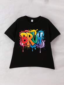 Tween Boy BRUH Print Crew Neck T-Shirts Summer Boy's Casual Tee Soft Tops - Black - View 7