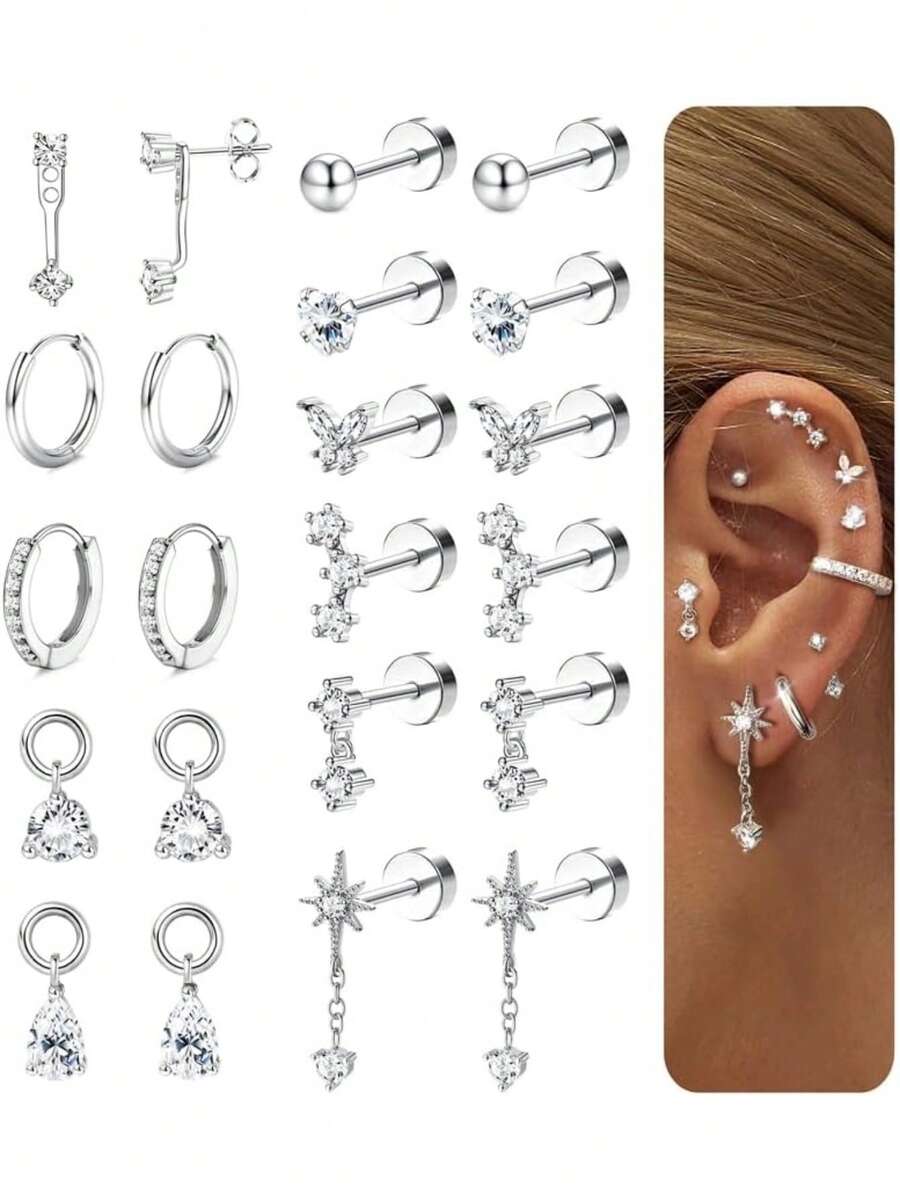 11Pairs Hypoallergenic Flat Back Earrings For Women -Silver Surgical Steel Earring Stacks Set | Small Stud & Hoop For Cartilage, Helix, Tragus | Multiple Piercing Comfort Jewelry Silver - 銀色 - 查看 1