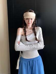 女式条纹露肩长袖修身上衣 - 淺灰色 - 查看 5