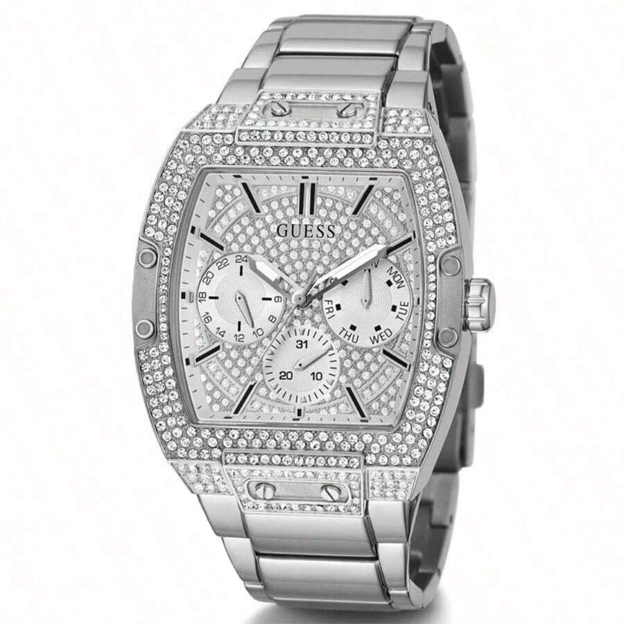 Guess Relógio Multifuncional de Quartzo com Cristal Phoenix GW0094G3 para Homens, Pulseira de Aço Inoxidável Preta, Mostrador em Formato de Barril, Relógio de Pulso de Luxo, Adequado para Uso Diário e Estilo de Rua, Presente da Moda para Homens, Ideal para Namorado - Prata - Visão 1
