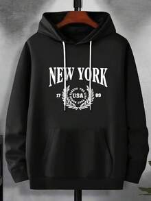 Fashion Print Hoodie, Men's Plus-Size Hoodie, English Print Hooded Hoodie With Kangaroo Pocket Plus-Size Men's Clothing, Suitable For Winter And Autumn, As A Gift, PLUS SIZE - 黑色 - 查看 1