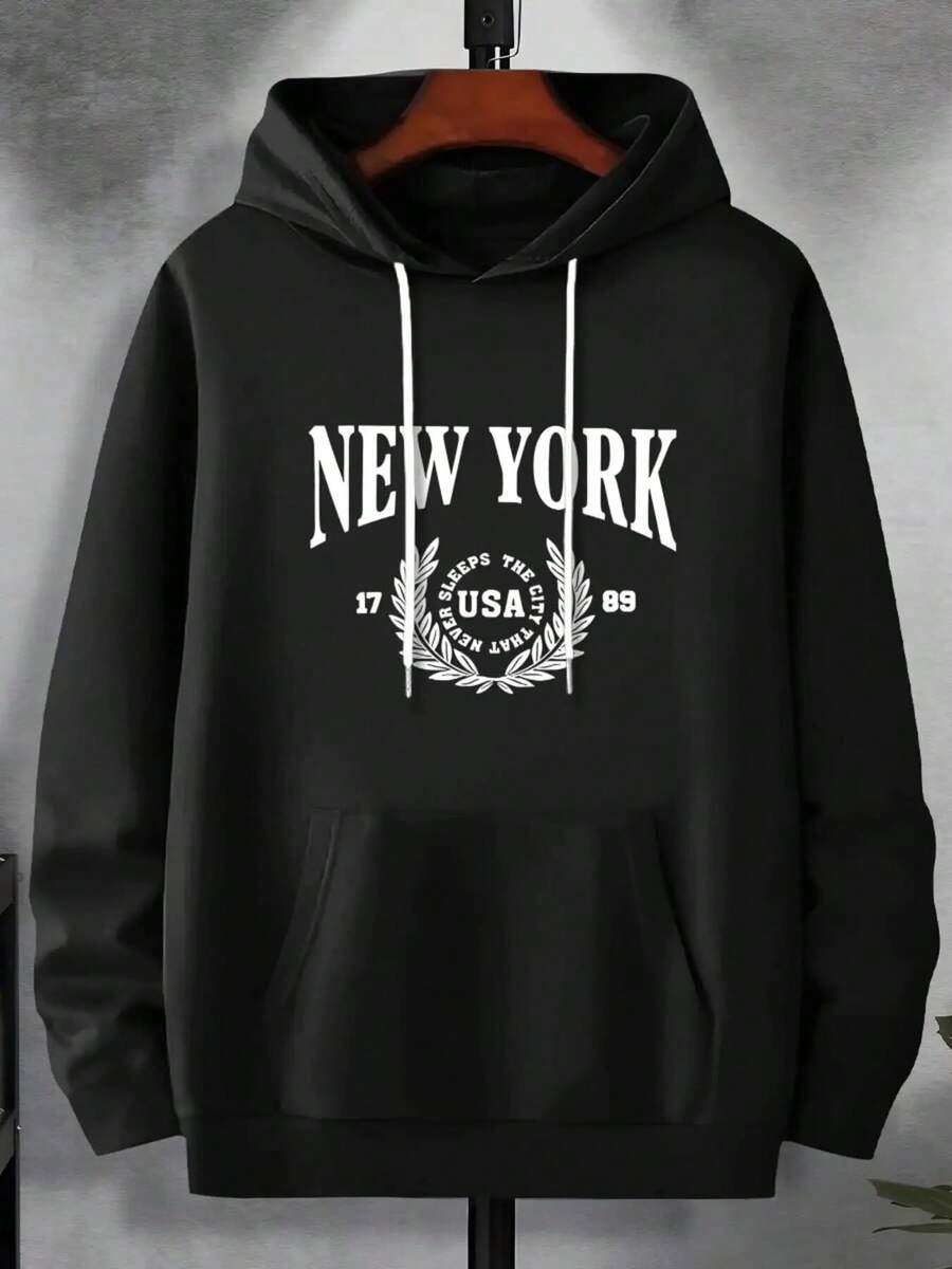 Fashion Print Hoodie, Men's Plus-Size Hoodie, English Print Hooded Hoodie With Kangaroo Pocket Plus-Size Men's Clothing, Suitable For Winter And Autumn, As A Gift, PLUS SIZE - 黑色 - 查看 1