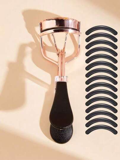 1 件玫瑰金和黑色手柄睫毛夹 + 10 件替换垫，轻松卷翘的必备美容工具，便携式睫毛夹适合旅行、家庭和商业用途，男女通用