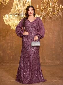 UNITHORSE Plus Size V-Neck Lantern Sleeve Sequin Patchwork Waist Fishtail Hem Formal Banquet Party Dress - Red Violet - View 1