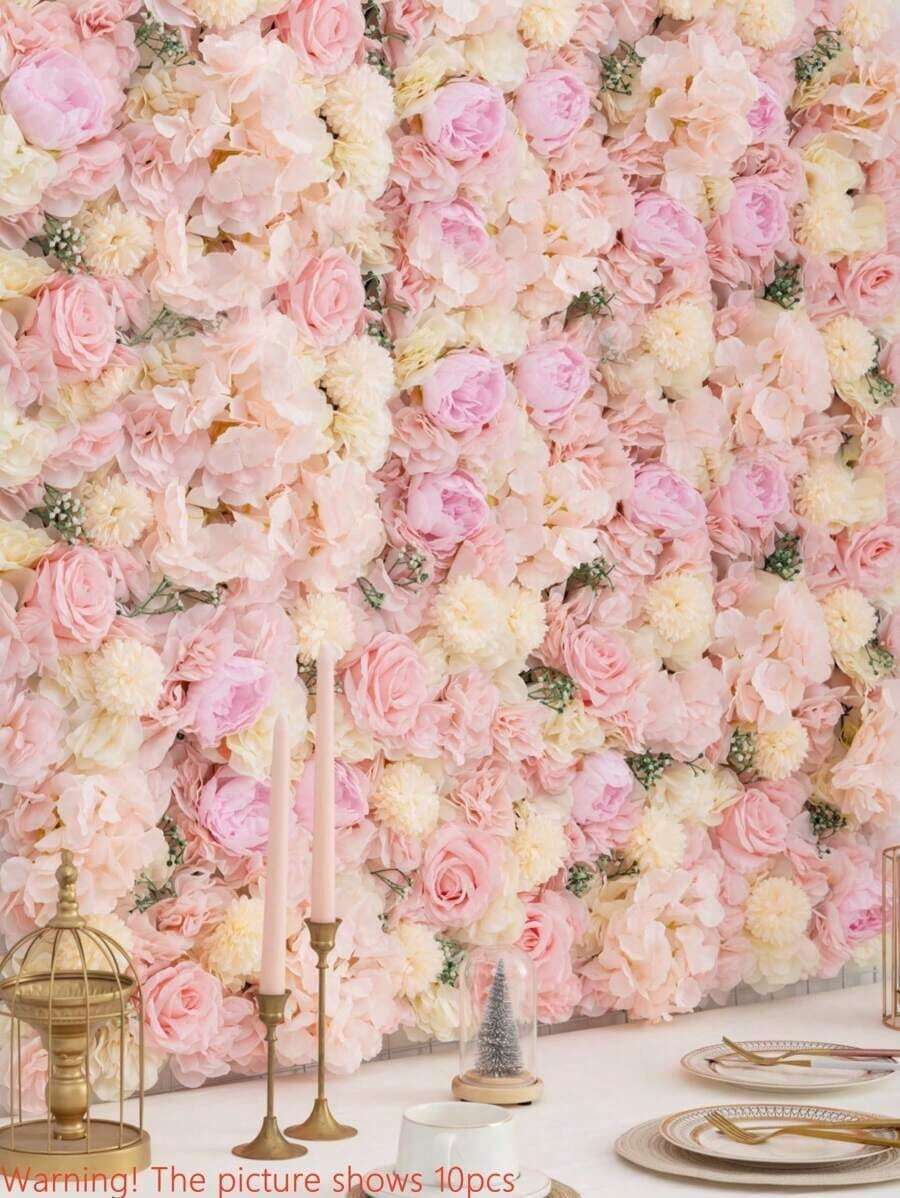 1Pc Flower Wall Panel For Flower Wall Backdrop, 12.6*12.6inch Pink Faux Roses Hydrangea Artificial Flower Panels Artificial Floral Backdrop For Wall Decor, Party Wedding Decor, Bridal Shower/Baby Shower Decor, Valentine Day, Gift - Màu Hồng baby - Xem 1