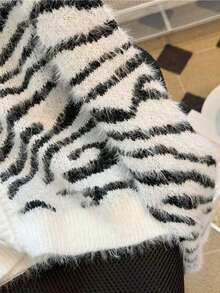 Soft Faux Mink Zebra Print Women Casual Sweater, Tiger & Zebra Striped Ribbed Button Front Fuzzy Pullover For Home, Beach, Holiday, Halloween, Christmas, Valentine's Day, Spring/Autumn, Autumn/Winter