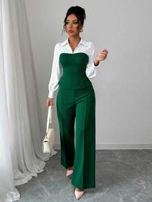 Conjunto de 2 piezas de mujer con rayas finas y parches, elegante y casual, con blusa de manga larga y pantalones, adecuado para la oficina y el hogar, primavera/verano/otoño