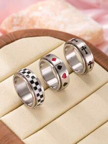 3 Peças Anéis Giratórios de Alívio de Estresse Personalizados de Aço Inoxidável da Moda Hip Hop, Cruz, Baralho, Padrão Xadrez, Acessórios Unissex Adequados para Uso Diário, Festivais, Encontros, Presentes