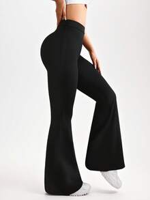 SHEIN Sports Women's Solid Color Ruched Flare Leg Casual Fitness Yoga Pants - Black - View 4
