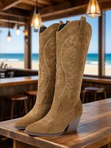 Pointed Toe Thick Sole Chunky Heel New Fashion Versatile Faux Suede V-Cut Tall Boots, Embroidered Western Cowboy Boots, Suitable For Vacation, Music Festival, Halloween